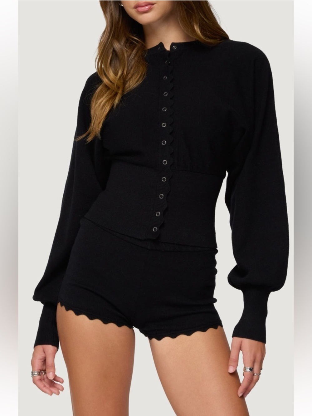 NWT Edikted Maizy Puff Sleeve Scallop Cardigan Sweater Black Size S